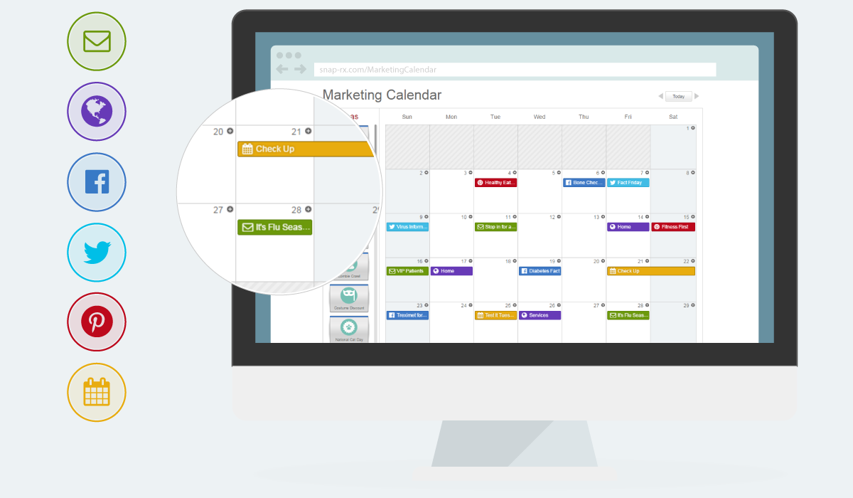 Schedule all of your independent pharmacy marketing in one place with SnapRx.  Email, Social, Website, Events, and E-Commerce.