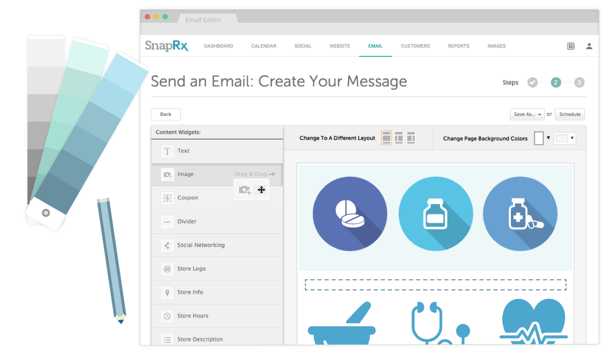 Drag-and-drop to personalize and customize your independent pharmacy email templates