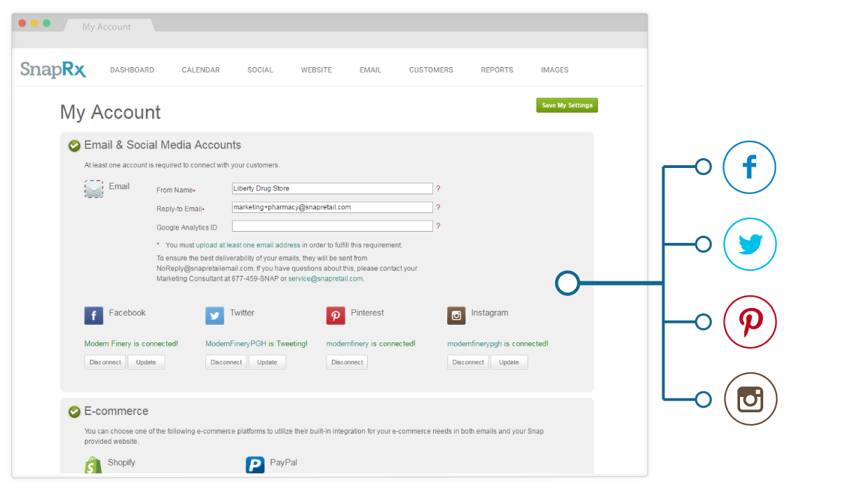 Connect your Facebook, Twitter, Pinterest, and Instagram pharmacy accounts to SnapRx to schedule and save time posting.